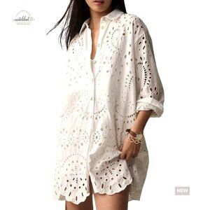 Loose Fit Eyelet Lace Button Down Shirt Dress Long Sleeve Mini Summer